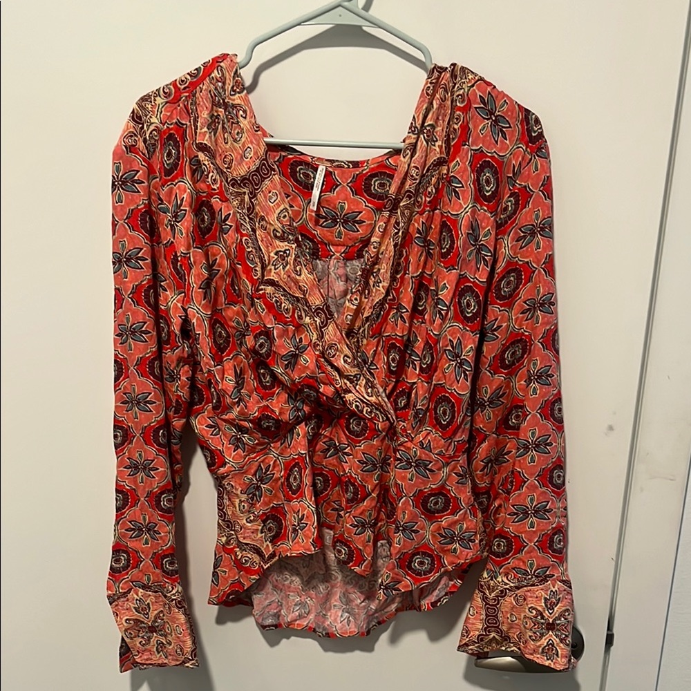 Free People Pink Ruffled Long Sleeve Blouse